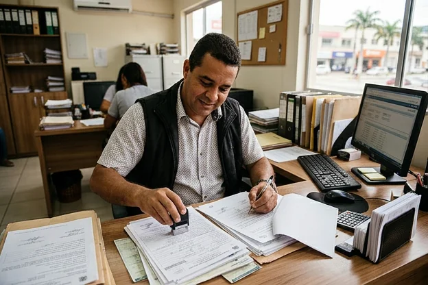Despachante em Jequié revisando documentos para licenciamento de veículo.